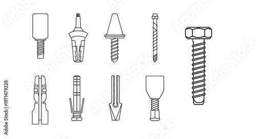 Variety of wall anchors and fasteners in a linear schematic illustration