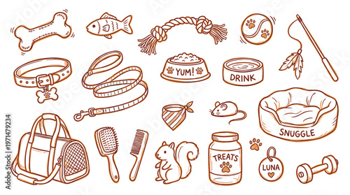 Cute Hand Drawn Pet Accessories Collection for Dogs and Cats Featuring Toys Food and Care Items