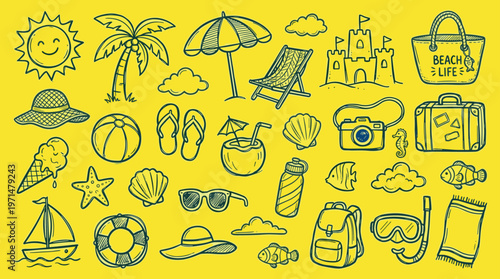 Doodle Collection of Beach and Summer Vacation Icons and Symbols on Yellow Background