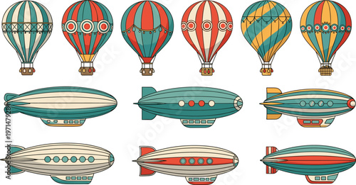 Hot Air Balloon and Airship Icon Set Featuring Vintage Zeppelins and Colorful Balloons for Travel, Aviation, Adventure, and Transportation Design