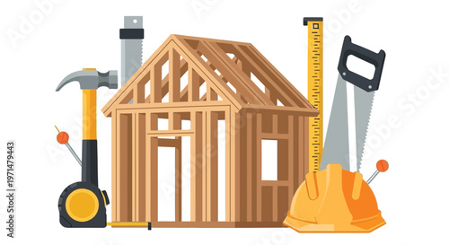 Construction tools and a wooden house frame illustrate building and renovation concepts