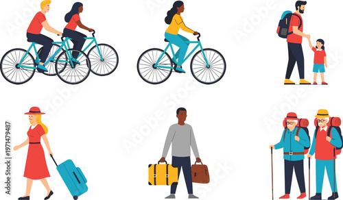 People Activity Icon Set Featuring Cycling, Travel, Family, Walking, and Hiking Characters for Lifestyle, Tourism, Recreation, and Everyday Life Design