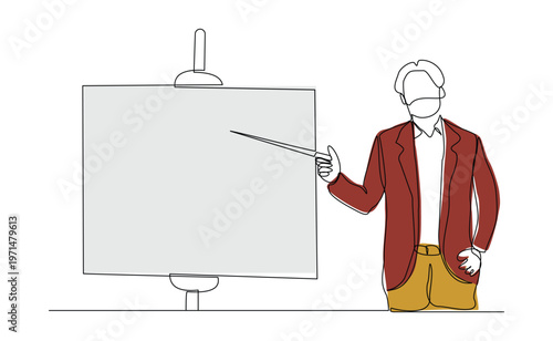 Continuous single line sketch drawing of standing business man doing presentation pointing on board screen projector with stick explain something. One line art vector illustration editable stroke	