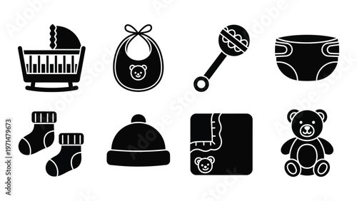 A collection of black silhouette icons depicting essential baby items including a crib bib rattle and teddy bear high quality professional