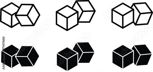 Minimalist geometric cube icons, 3D isometric square block vector set, black and white sugar cube symbols for gaming and logistics