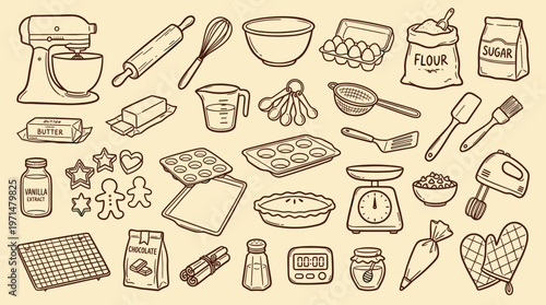 Baking supplies and ingredients illustration, kitchen tools and cooking elements, hand drawn sketch style for culinary art and food preparation