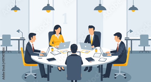 Business team meeting in modern office with professional people in formal wear sitting around table in bright minimalist interior for corporate branding