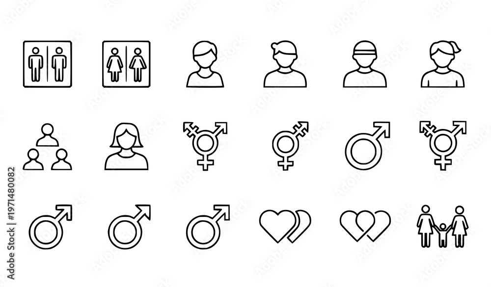 Fototapeta premium “Gender related line icon set with restroom signs, user avatars, and relationship symbols in minimalistic 48x48 outline style”