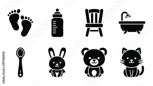 A collection of simple black icons depicts baby related items including footprints a bottle chair bath and toys high quality professional
