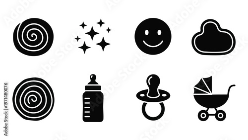 A collection of black silhouette icons depicting baby related items including toys bottles and a stroller high quality professional detailed modern