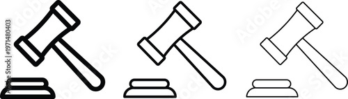 Minimalist judge gavel icons set, black line art law hammer vector collection, legal auction mallet symbols for courtroom and justice concepts