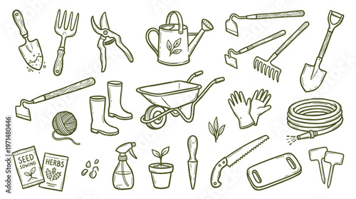 Collection of Garden Tools and Supplies for Planting and Cultivation