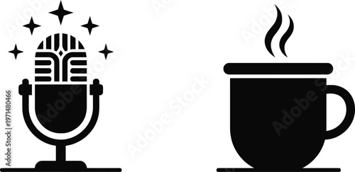 Microphone and coffee cup icons representing podcasting and relaxation