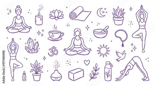 Serene yoga and meditation icons set for wellness and mindfulness lifestyle