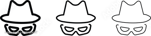 Incognito hacker icon set with fedora hat and mask, black outline spy vector symbols, mysterious anonymous character avatar for cybersecurity