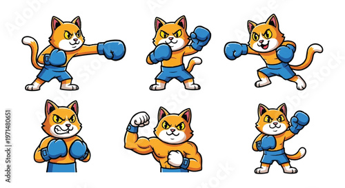 Cartoon boxing cat poses on white background