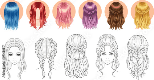 Women Hairstyle Front and Back View Vector Illustration Set with Braids, Long Hair Styles and Fashion Haircut Collection