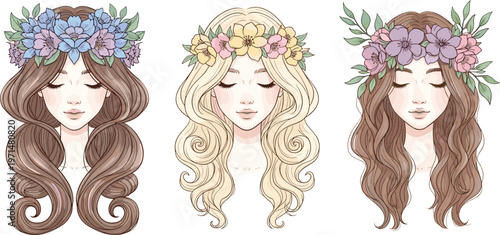 Beautiful Women with Floral Crown Vector Illustration Set with Long Hair Female Portraits, Boho Flower Head Wreath Characters Collection
