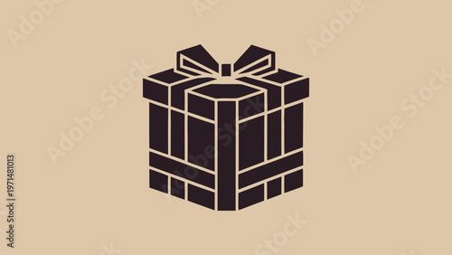 Black gift box with ribbon bow icon vector illustration. Minimalist flat design of a luxury present for surprise, premium reward, anniversary celebration, and special offer on a beige background.