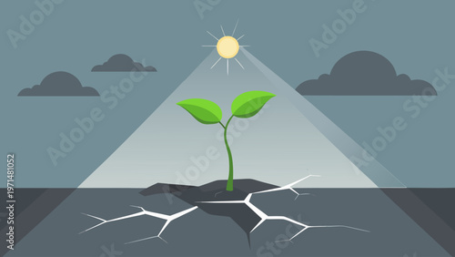 Flat vector illustration of a green seedling growing from cracked dry earth under sunlight. Concept of hope, resilience, growth, overcoming obstacles, and new beginnings.