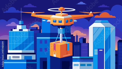 Autonomous delivery drone flying over a modern city at night. Flat vector illustration of futuristic logistics technology, urban shipping, and smart city transportation service concept.
