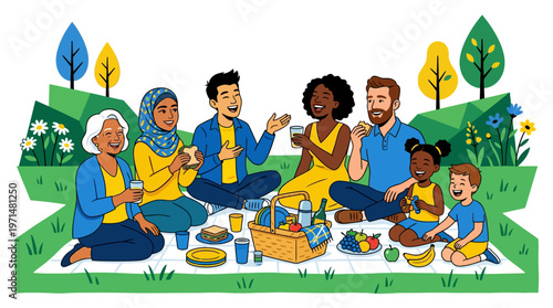 Diverse group of people having picnic.