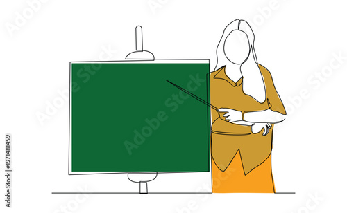 Continuous single line sketch drawing of standing business woman doing presentation pointing on board screen projector with stick explain something. One line art vector illustration editable stroke	
