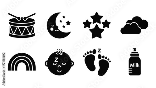 A collection of black silhouette icons depicts baby related items including a drum moon stars and sleeping child high quality professional