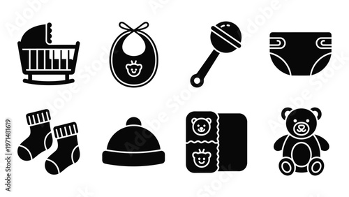 A collection of black silhouette icons depicting various baby essentials and items including toys and clothing high quality professional detailed modern