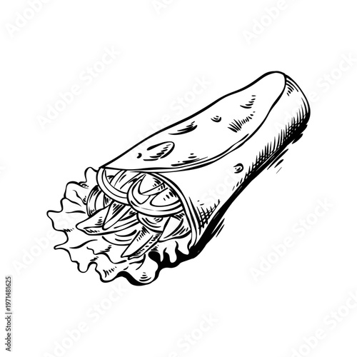 Hand-drawn kebab or meat wrap illustration in sketch style.