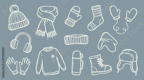 Winter clothing collection hand drawn sketch style for cold weather protection and seasonal fashion