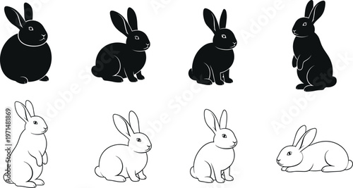 Rabbit Icon Set with Black Silhouette and Outline Bunny Illustrations in Different Sitting and Standing Poses for Animal, Farm, and Easter Design