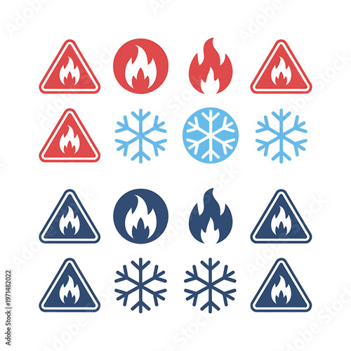 Red and blue warning icons for fire and cold temperature safety signs for hazard awareness and protection.