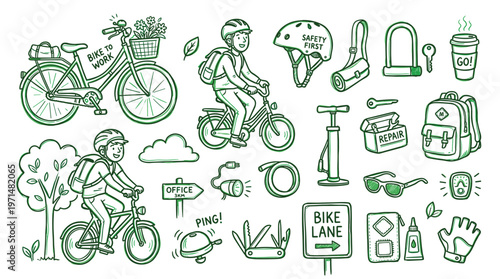 Doodle illustration of cycling lifestyle with essential gear and accessories for urban commuting and recreation