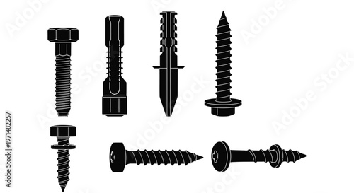 Assorted black silhouette illustrations of various screws bolts and wall anchors