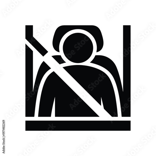 Person wearing seat belt inside car safety symbol graphic icon depicting passenger secured in vehicle for safe journey or transportation concept.