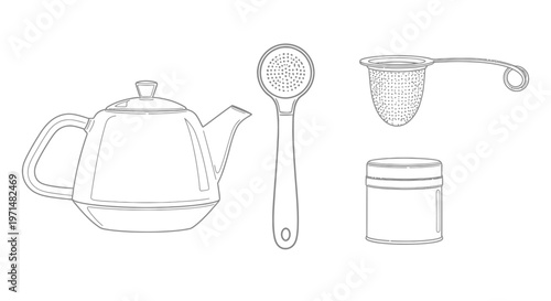 Line art illustration of a teapot and various tea infusers and accessories