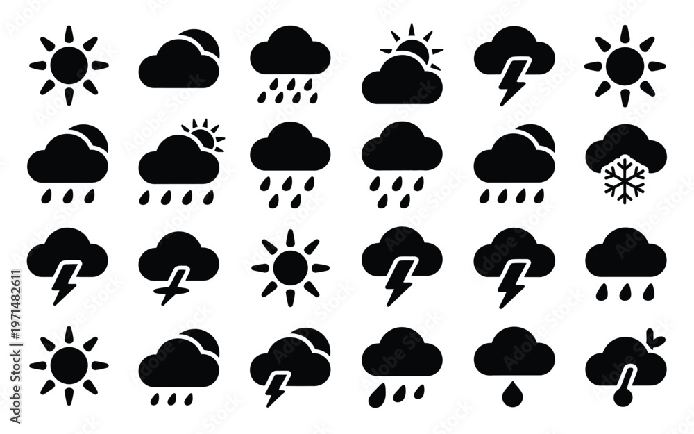 Obraz premium Set of black and white weather icons featuring sun clouds rain lightning snow and thunderstorms in minimalist design for forecasting