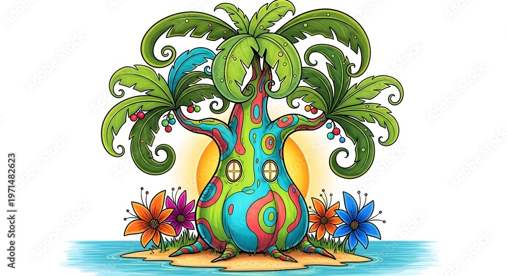 Fototapeta premium Whimsical treehouse a colorful tropical escape with vibrant flora and fauna