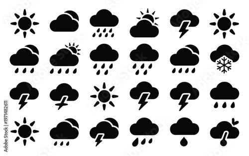 Set of black and white weather icons featuring sun clouds rain lightning snow and thunderstorms in minimalist design for forecasting