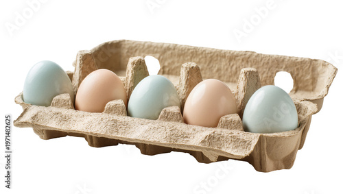 Assortment of pastel blue and peach eggs in a cardboard carton, isolated on transparent background
