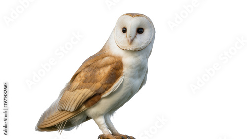 Barn owl with white face and brown wings, isolated on transparent background
