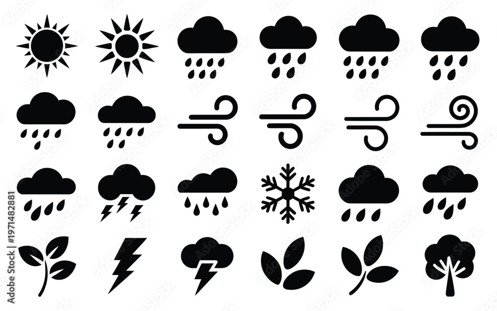 Obraz premium Weather and climate icons including sun clouds rain wind snow lightning and plants in minimalist black and white vector style for design and illustration