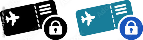 セキュアな航空券を表す鍵付きチケットアイコン｜電子チケット・安全な予約管理（Secure Flight Ticket with Lock Icon for Protected Booking and E-Ticket Concept）
