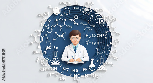 Scientist in lab coat surrounded by chemical formulas and lab equipment