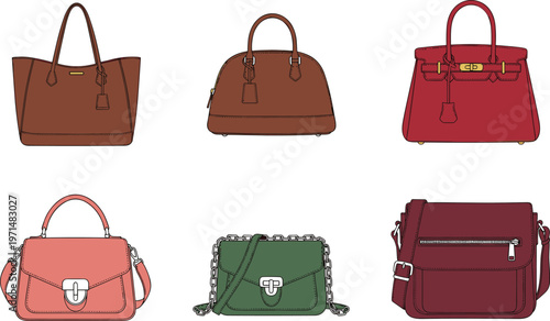 Handbag Illustration Set with Fashion Women Bags Collection Including Tote Shoulder Crossbody and Luxury Purse Designs Isolated on White