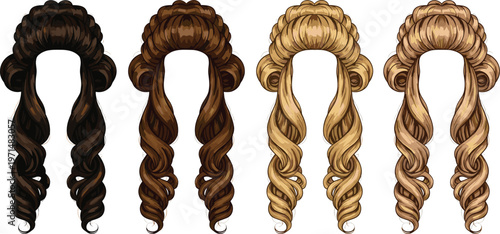 Historical Curly Wig Hairstyles Vector Illustration Set with Vintage Court Wig Styles in Different Hair Colors Collection