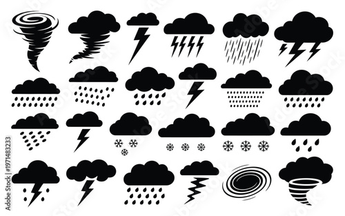 Black and white vector icons illustrating various weather symbols including thunderstorms rain snow lightning and clouds