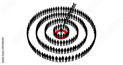 Crowd Forming with Red Center and Laurel Branch in Minimalist Style