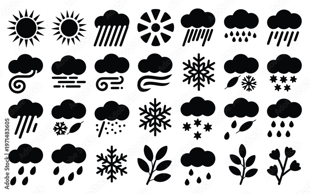 Fototapeta premium Black and white vector icons depicting weather symbols including sun clouds rain snow and wind in a clean minimalistic style